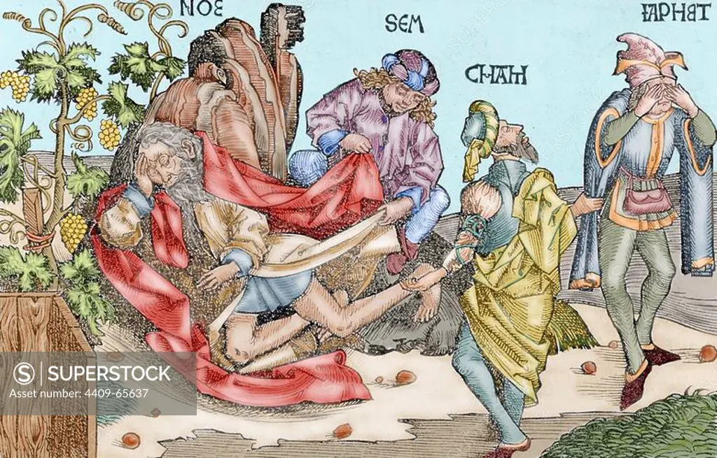 The Noah's drunkness. Japheth, Ham, Shem find their father Noah drunk..16th century. Colored engraving.