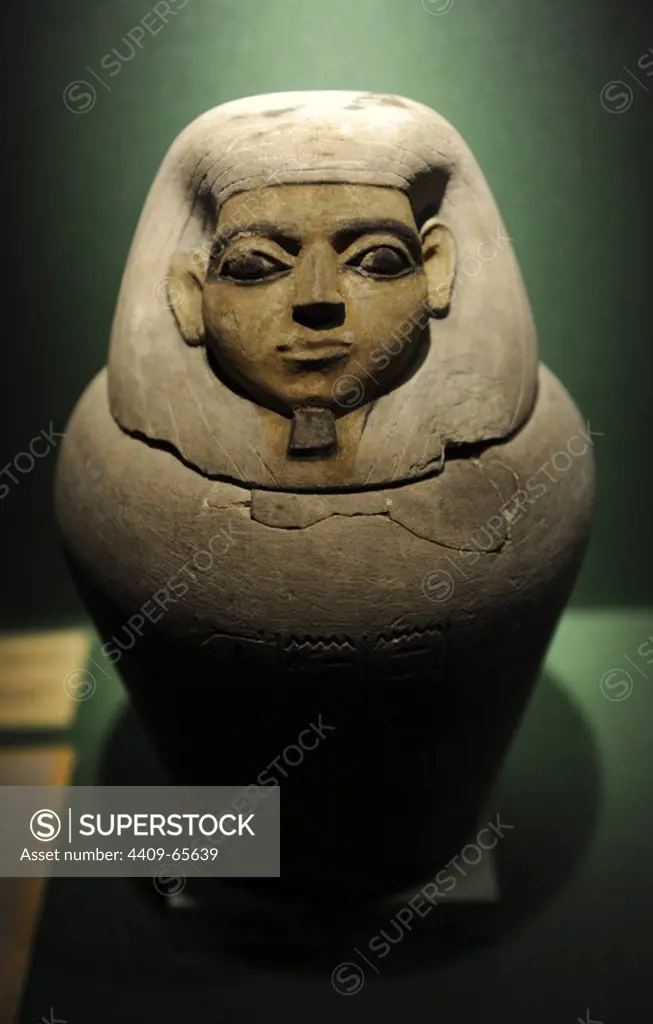 Canopic jar to contain the entrails of a deceased. Tomb of Iunefer, number 57. Hawara Cemetery. Egypt. Limestone. 12th Dynasty. Middle Kingdom. Reign of Amenemhat III. C. 1831-1786 BC. Ny Carlsberg Glyptotek Museum. Copenhagen. Denmark.