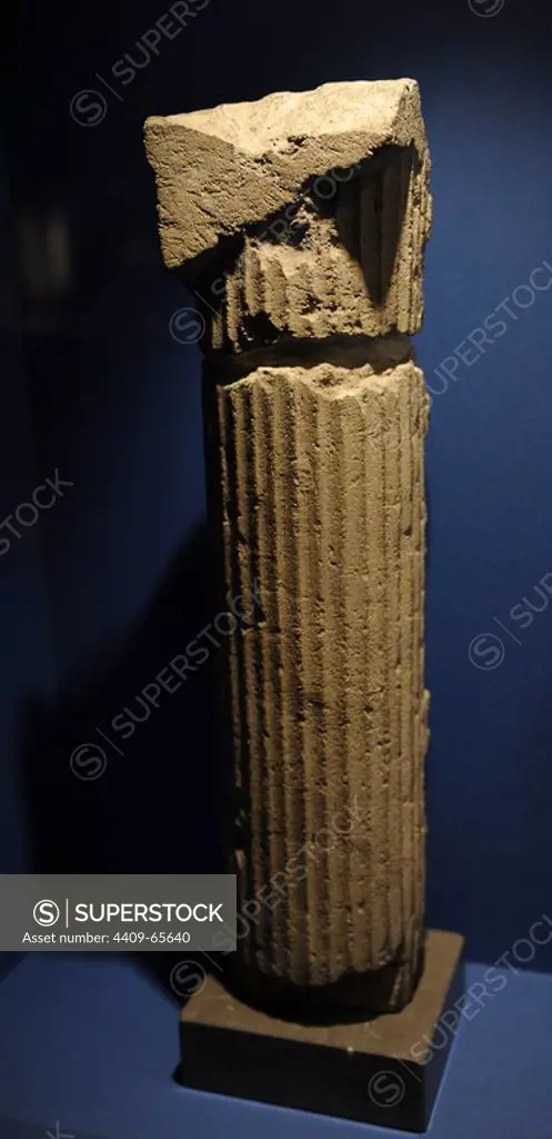 Fluted column of the tympanum of the enclosure of Hawara Labyrinth. Fayyum, Egypt. Limestone. Middle Kingdom. 12th Dynasty. Reign of Amenemhet III. 1831-1786 BC. Ny Carlsberg Glyptotek Museum. Copenhagen. Denmark.