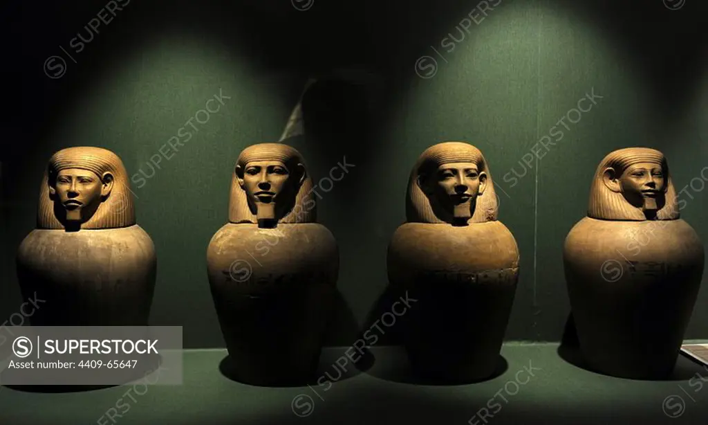 Canopic jars for the deceased's liver, lungs, stomach and intestines. Tomb 116. Cemetery A. Riqqeh, Egypt. C.1950-1800 BC. Middle Kingdom. Limestone. Ny Carlsberg Glyptotek Museum. Copenhagen. Denmark.