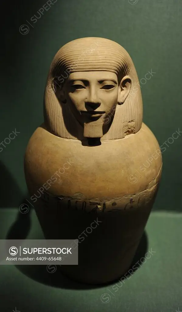 Canopic jar for the deceased's liver, lungs, stomach and intestines. Tomb 116. Cemetery A. Riqqeh, Egypt. C.1950-1800 BC. Middle Kingdom. Limestone. Ny Carlsberg Glyptotek Museum. Copenhagen. Denmark.