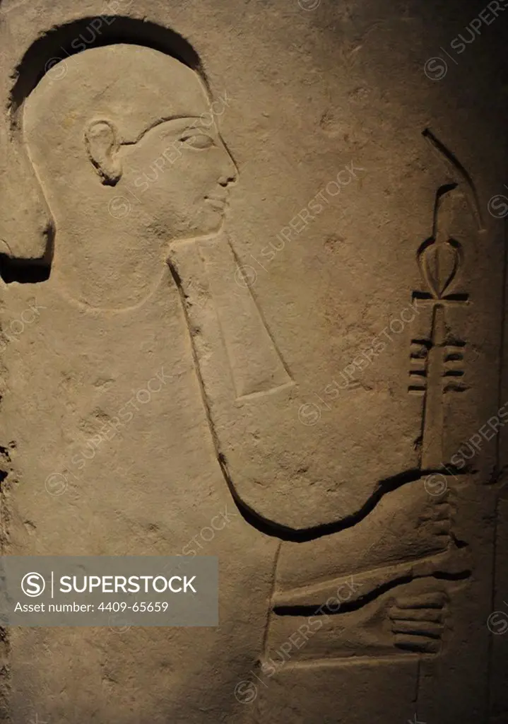 The God Ptah. Relief. Limestone, 19th Dynasty. New Kingdom. C.1295-1186 BC. From Roman building in Memphis. Ny Carlsberg Glyptotek Museum. Copenhagen. Denmark.