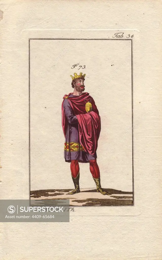 King of the Danes with crown and sceptre. Purple tunic, crimson mantle, stockings, pointed boots.. "In their clothes, and even in their furniture, the Danes are distinguished from the Saxons by their grand magnificence and a penchant for softness. It's why, for example, the Danish bed surpasses that of the Saxons.". "The kings wore superb garments, often embroidered or decorated with a golden fringe, but no different from many of those of the Saxons. They wore shoes and a type of pointed boots. The mantle, like that of the Saxons, was fastened at the right shoulder with a clasp and covered the left shoulder or fell over the chest." . Handcolored copperplate engraving from Robert von Spalart's "Historical Picture of the Costumes of the Principal People of Antiquity and of the Middle Ages" (1796).