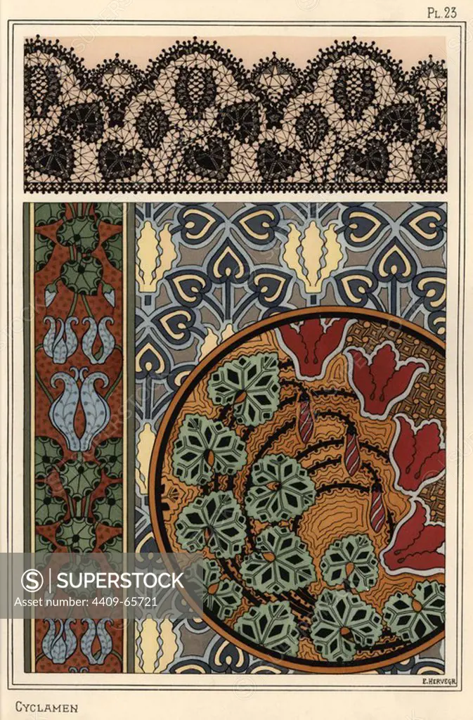 Cyclamen persicum motif in patterns for lace, wallpaper and fabric. Lithograph by E. Hervegh with pochoir (stencil) handcoloring from Eugene Grasset's Plants and their Application to Ornament, Paris, 1897. Grasset (1841-1917) was a Swiss artist whose innovative designs inspired the art nouveau movement at the end of the 19th century.