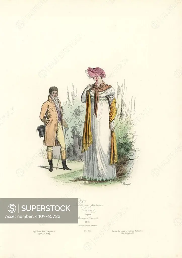 Woman in her finery, demi parure, Empire era, 1807. Handcoloured steel engraving by Polidor Pauquet after Horace Vernet from the Pauquet Brothers' "Modes et Costumes Historiques" (Historical Fashions and Costumes), Paris, 1865. Hippolyte (b. 1797) and Polydor Pauquet (b. 1799) ran a successful publishing house in Paris in the 19th century, specializing in illustrated books on costume, birds, butterflies, anatomy and natural history.