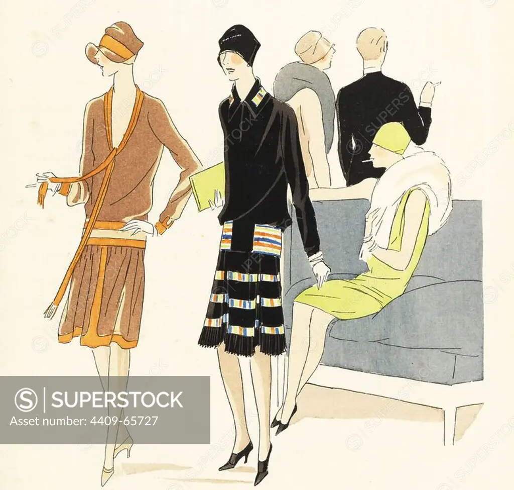 Women in casual beige and orange wool dress and woman in afternoon dress in Scottish watered mohair. Background shows woman seated smoking in a hotel lobby. Lithograph with pochoir (stencil) handcolour from the luxury French fashion magazine "Art, Gout, Beaute," 1926.