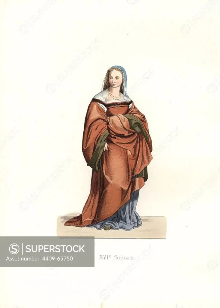 Lady of Florence, 16th century, from a fresco by Andrea del Sarto. Long, full brown gathered dress, blue underdress, blue veil, necklace.. Handcolored illustration by E. Lechevallier-Chevignard, lithographed by A. Didier, L. Flameng, F. Laguillermie, from Georges Duplessis's "Costumes historiques des XVIe, XVIIe et XVIIIe siecles" (Historical costumes of the 16th, 17th and 18th centuries), Paris 1867. The book was a continuation of the series on the costumes of the 12th to 15th centuries published by Camille Bonnard and Paul Mercuri from 1830. Georges Duplessis (1834-1899) was curator of the Prints department at the Bibliotheque nationale. Edmond Lechevallier-Chevignard (1825-1902) was an artist, book illustrator, and interior designer for many public buildings and churches. He was named professor at the National School of Decorative Arts in 1874.