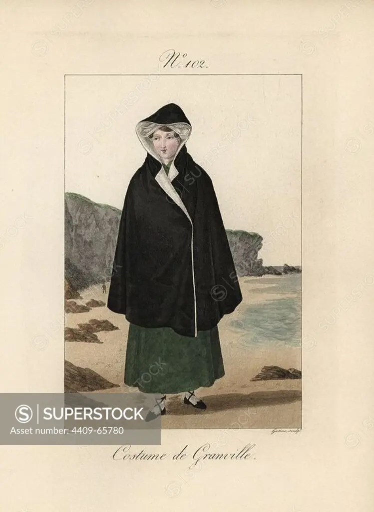 Costume of Granville. This cape is called a capot: it is made of wool from Saint-Cyr. The artist was in Granville in the month of August, and saw many women wearing the capot. Despite the heat of midday, the sea breeze cooled the mornings and nights. Hand-colored fashion plate illustration by Lante engraved by Gatine from Louis-Marie Lante's "Costumes des femmes du Pays de Caux," 1827/1885. With their tall Alsation lace hats, the women of Caux and Normandy were famous for the elegance and style.