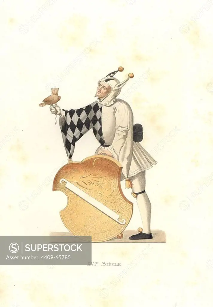 Bartklime Linck, Swiss clown, 1533. Handcolored illustration by E. Lechevallier-Chevignard, lithographed by A. Didier, L. Flameng, F. Laguillermie, from Georges Duplessis's "Costumes historiques des XVIe, XVIIe et XVIIIe siecles" (Historical costumes of the 16th, 17th and 18th centuries), Paris 1867. The book was a continuation of the series on the costumes of the 12th to 15th centuries published by Camille Bonnard and Paul Mercuri from 1830. Georges Duplessis (1834-1899) was curator of the Prints department at the Bibliotheque nationale. Edmond Lechevallier-Chevignard (1825-1902) was an artist, book illustrator, and interior designer for many public buildings and churches. He was named professor at the National School of Decorative Arts in 1874.