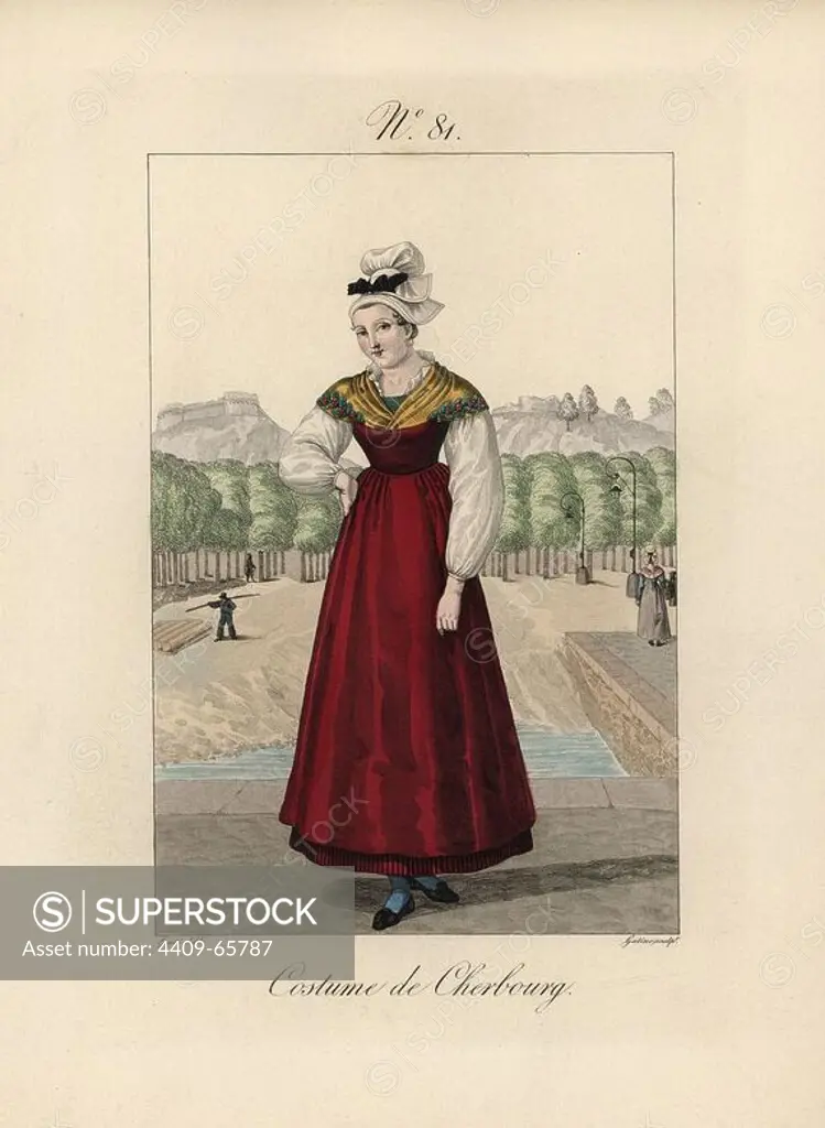 Costume of Cherbourg. The bonnet has very short papillon butterfly wings, she wears a short chignon and a striped petticoat under the apron. A view of the unfinished docks enclosed by trees. Hand-colored fashion plate illustration by Lante engraved by Gatine from Louis-Marie Lante's "Costumes des femmes du Pays de Caux," 1827/1885. With their tall Alsation lace hats, the women of Caux and Normandy were famous for the elegance and style.