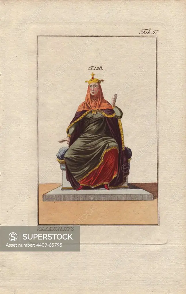 A Norman queen wearing purple mantle over green and crimson robes, orange veil and golden crown. Handcolored copperplate engraving from Robert von Spalart's "Historical Picture of the Costumes of the Principal People of Antiquity and of the Middle Ages" (1796).