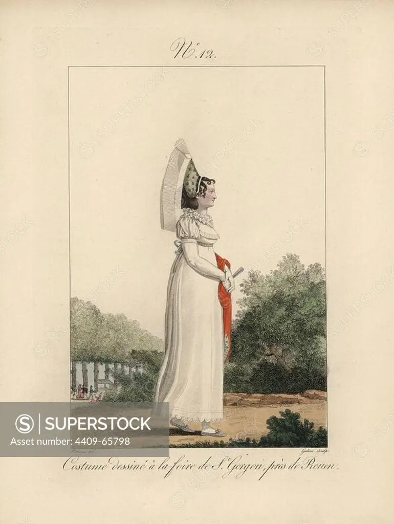 Costume of a woman at the country festival of St. Gorgon, near Rouen. She wears a tall bonnet that is sewed onto a velvet band. Hand-colored fashion plate illustration by Benoit Pecheux engraved by Gatine from Louis-Marie Lante's "Costumes des femmes du Pays de Caux," 1827/1885. With their tall Alsation lace hats, the women of Caux and Normandy were famous for the elegance and style.