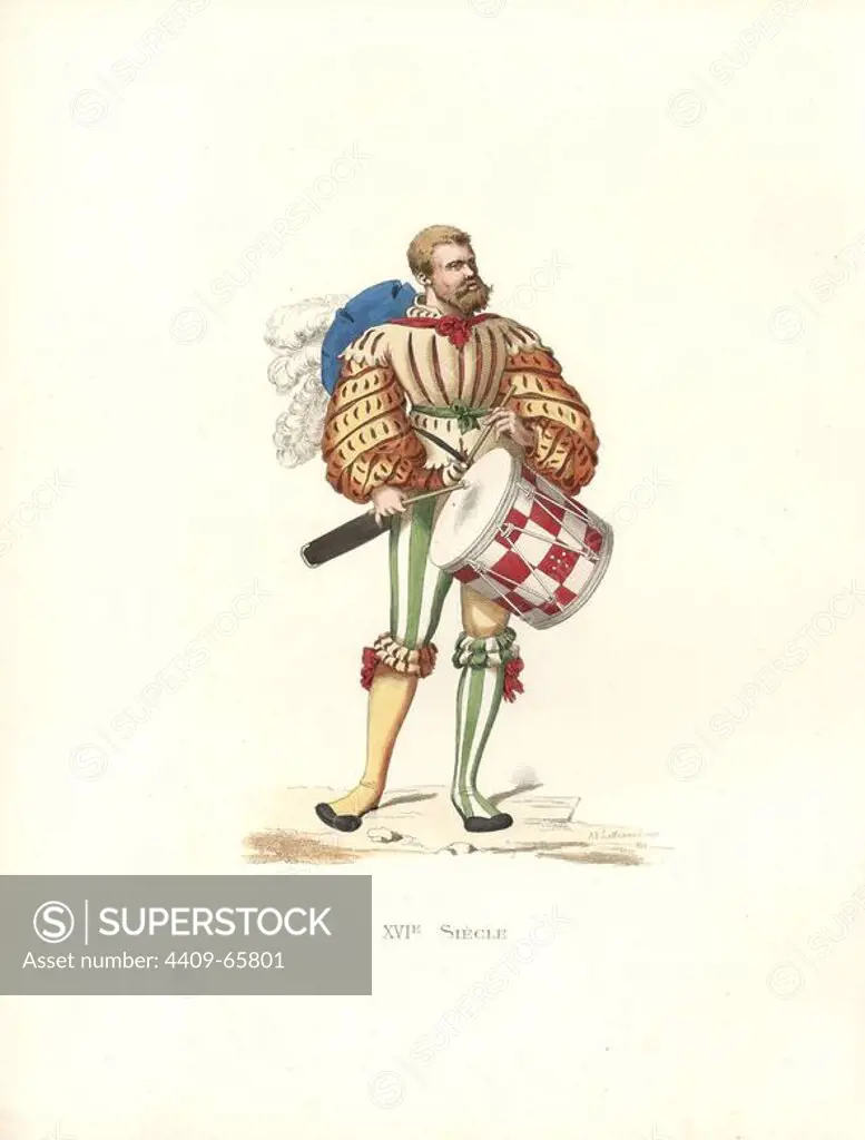 German military drummer, 16th century, from a print by Hans Guldenmund. Slashed gold jacket over striped breeches and stockings in green and yellow. Blue plumed hat.. Handcolored illustration by E. Lechevallier-Chevignard, lithographed by A. Didier, L. Flameng, F. Laguillermie, from Georges Duplessis's "Costumes historiques des XVIe, XVIIe et XVIIIe siecles" (Historical costumes of the 16th, 17th and 18th centuries), Paris 1867. The book was a continuation of the series on the costumes of the 12th to 15th centuries published by Camille Bonnard and Paul Mercuri from 1830. Georges Duplessis (1834-1899) was curator of the Prints department at the Bibliotheque nationale. Edmond Lechevallier-Chevignard (1825-1902) was an artist, book illustrator, and interior designer for many public buildings and churches. He was named professor at the National School of Decorative Arts in 1874.