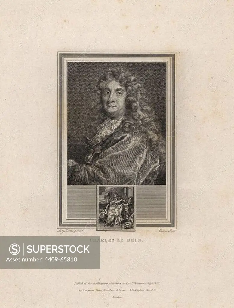 Portrait of Charles le Brun (1619-1690), French history painter and First Painter to King Louis XIV.. Portrait by Largillierre, steel engraving by John Corner from "Portraits of Celebrated Painters with Medallions from their Best Performances" 1825.