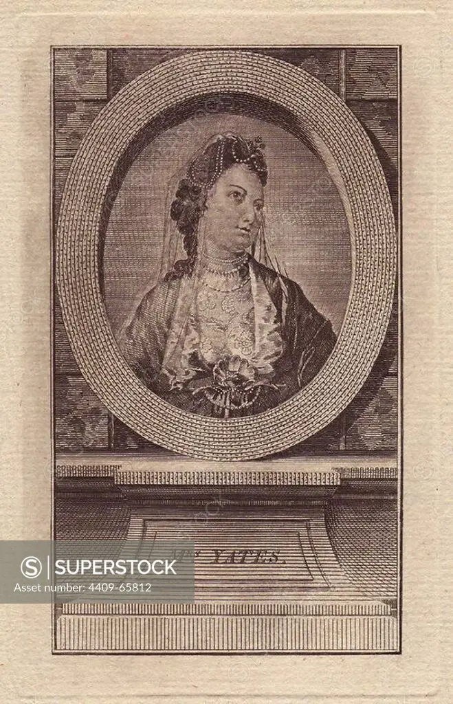 Mrs. Mary Ann Yates (1728-1787), English tragic actress who performed at Drury Lane Theatre.. Copperplate engraving of a portrait of Mrs Yates in headdress of veil and pearls, in a decorative oval frame above a plinth.