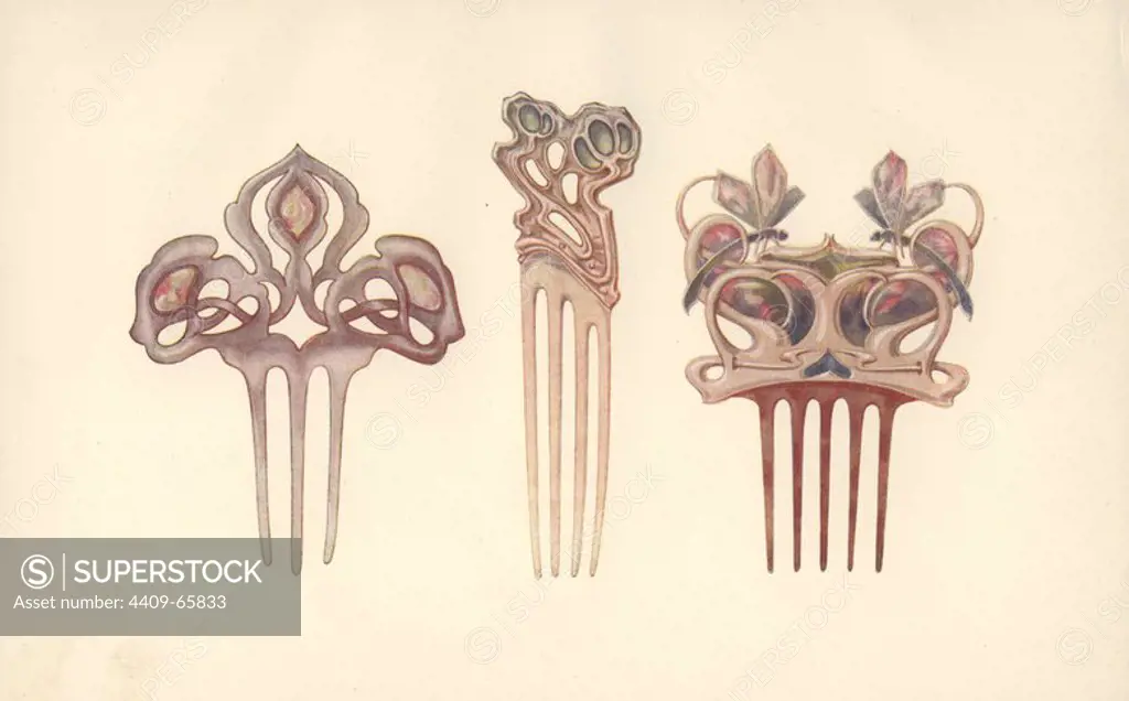 British art nouveau hair combs in silver, mother of pearl, enamel and ivory by B.J. Barrie, David Veazey and Kate Allen.. Color plate from Charles Holme's "Modern Design in Jewellery and Fans," published by the Studio 1902.