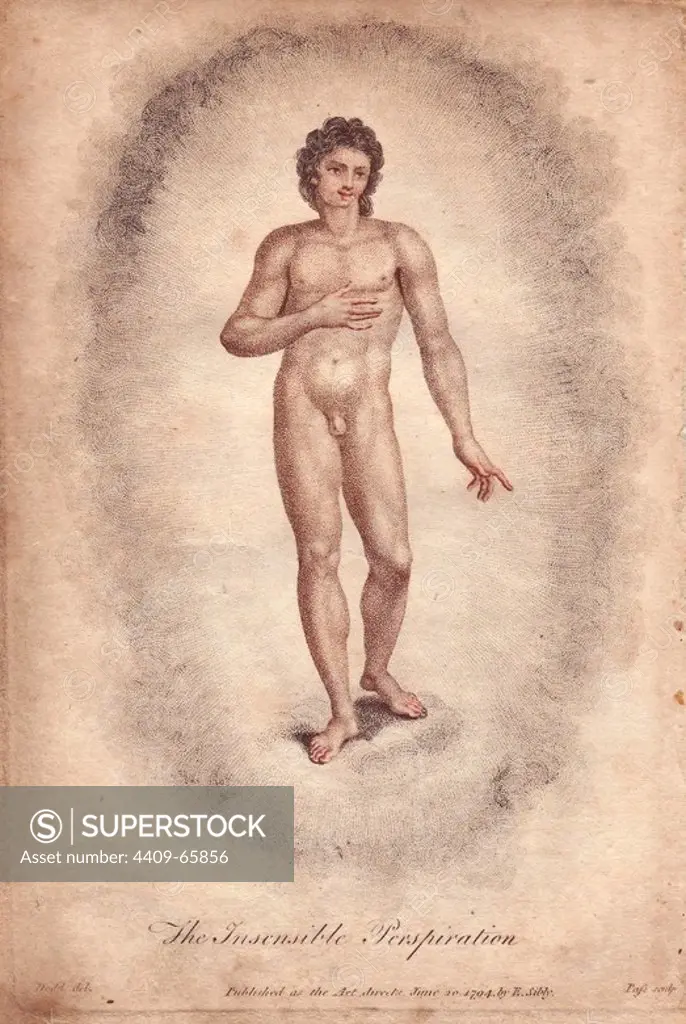 "The Insensible Perspiration." Figure of a naked man within a cloud.. Hand-colored copperplate engraving from a drawing by Johann Ihle from Ebenezer Sibly's "Universal System of Natural History" 1794. The prolific Sibly published his Universal System of Natural History in 1794~1796 in five volumes covering the three natural worlds of fauna, flora and geology. The series included illustrations of mythical beasts such as the sukotyro and the mermaid, and depicted sloths sitting on the ground (instead of hanging from trees) and a domesticated female orang utan wearing a bandana. The engravings were by J. Pass, J. Chapman and Barlow copied from original drawings by famous natural history artists George Edwards, Albertus Seba, Maria Sybilla Merian, and Johann Ihle.