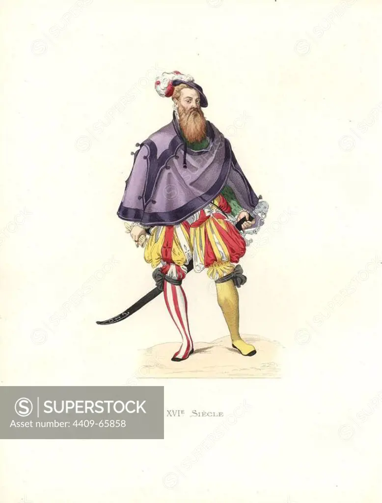 Swiss noble, 16th century, in purple cape over green jerkin, slashed breeches in scarlet and yellow, odd stockings, plumed hat.. Handcolored illustration by E. Lechevallier-Chevignard, lithographed by A. Didier, L. Flameng, F. Laguillermie, from Georges Duplessis's "Costumes historiques des XVIe, XVIIe et XVIIIe siecles" (Historical costumes of the 16th, 17th and 18th centuries), Paris 1867. The book was a continuation of the series on the costumes of the 12th to 15th centuries published by Camille Bonnard and Paul Mercuri from 1830. Georges Duplessis (1834-1899) was curator of the Prints department at the Bibliotheque nationale. Edmond Lechevallier-Chevignard (1825-1902) was an artist, book illustrator, and interior designer for many public buildings and churches. He was named professor at the National School of Decorative Arts in 1874.