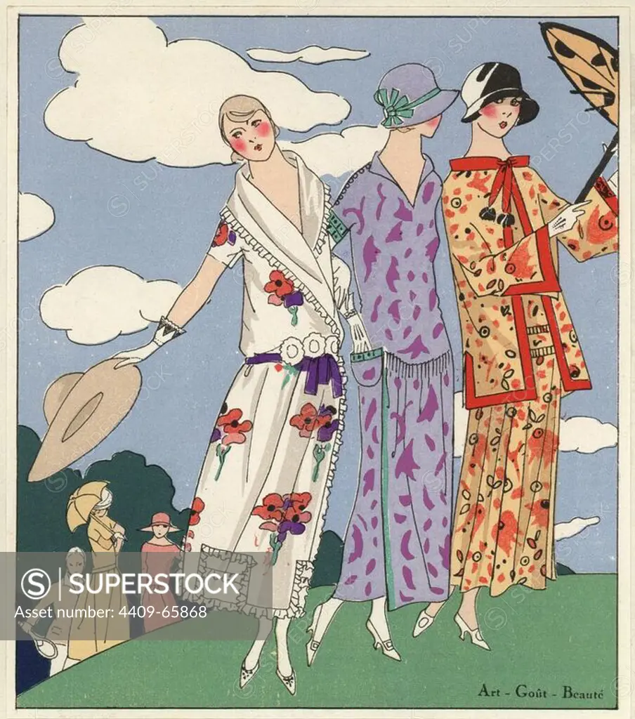 Woman in printed white crepe de Rome dress decorated with flowers, woman in purple crepe de Chine, and woman in printed beige and scarlet crepe de Chine outfit. Handcolored pochoir (stencil) lithograph from the French luxury fashion magazine "Art,.