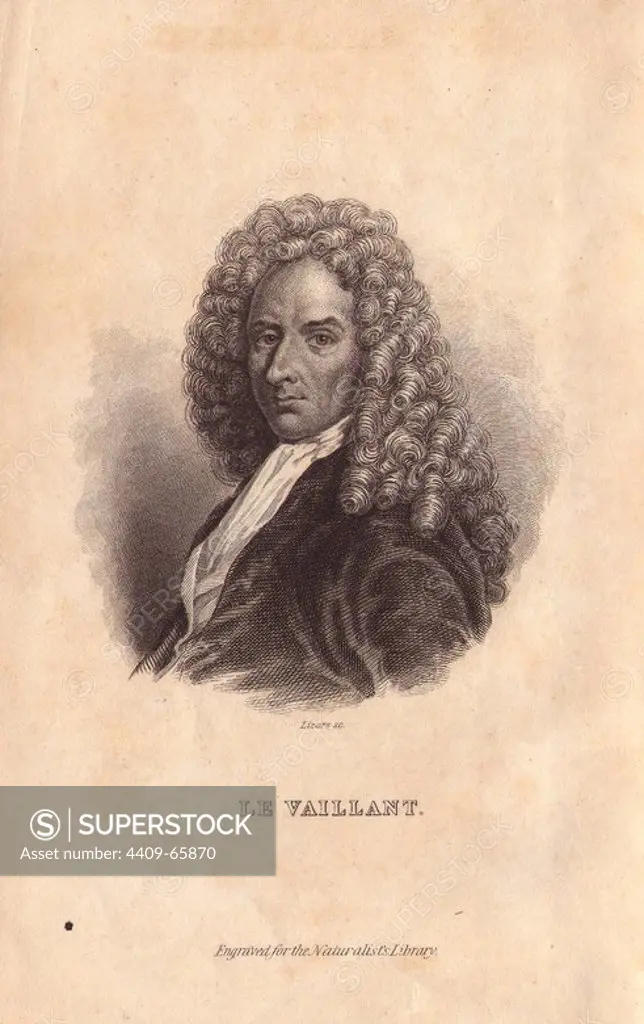 François Levaillant (1753~1824), French explorer, collector and ornithologist.. Portrait engraved on steel by W.H. Lizars from Sir William Jardine's "The Naturalist's Library" 1833, Edinburgh.