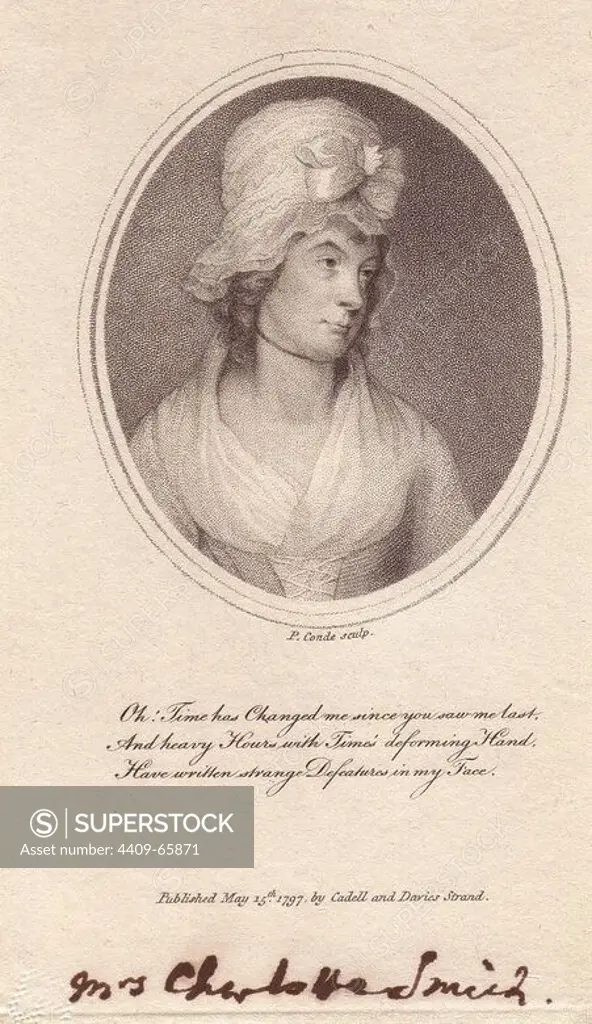 Charlotte Smith (1749-1806), English Romantic poet and novelist. Copperplate portrait of her in a bonnet, engraved by P. Conde, published in 1797.