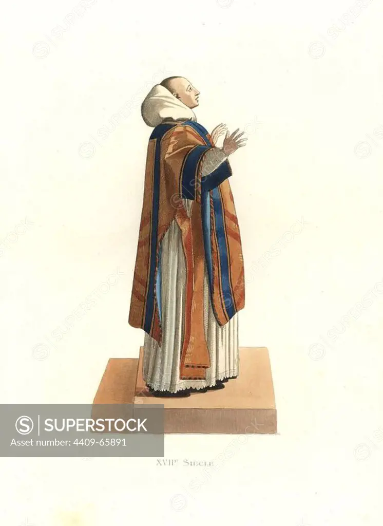 Ecclesiastical costume, 17th century, Benedictine order, from a painting by Eustache Lesueur, 1651. Handcolored illustration by E. Lechevallier-Chevignard, lithographed by A. Didier, L. Flameng, F. Laguillermie, from Georges Duplessis's "Costumes historiques des XVIe, XVIIe et XVIIIe siecles" (Historical costumes of the 16th, 17th and 18th centuries), Paris 1867. The book was a continuation of the series on the costumes of the 12th to 15th centuries published by Camille Bonnard and Paul Mercuri from 1830. Georges Duplessis (1834-1899) was curator of the Prints department at the Bibliotheque nationale. Edmond Lechevallier-Chevignard (1825-1902) was an artist, book illustrator, and interior designer for many public buildings and churches. He was named professor at the National School of Decorative Arts in 1874.