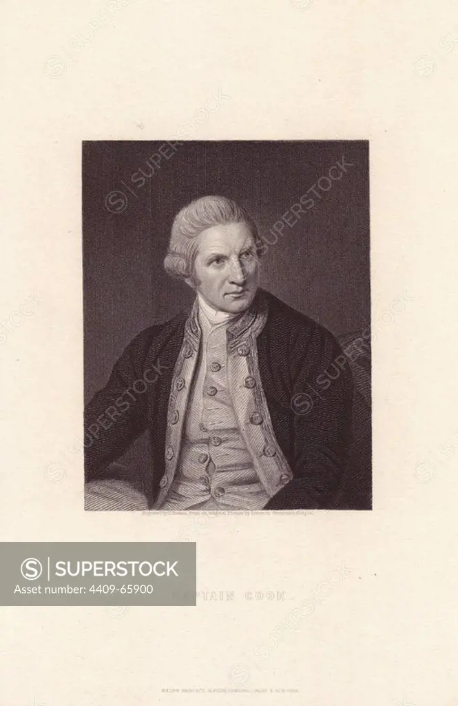 Captain James Cook (1728-1779), British explorer, navigator and cartographer.. Engraved on steel by E. Sciven from a portrait in oils by Nathaniel Dance from Charles Knight's "Gallery of Portraits" 1835.