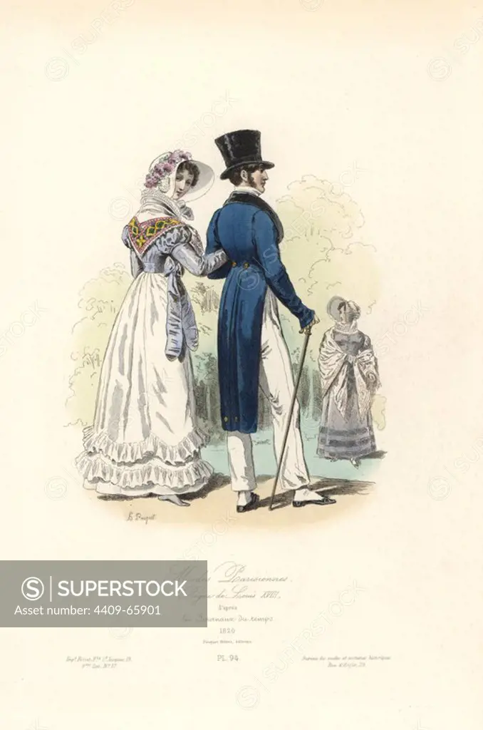 Paris fashions, reign of Louis XVIII, 1820. Handcoloured steel engraving by Hippolyte Pauquet after contemporary magazines from the Pauquet Brothers' "Modes et Costumes Historiques" (Historical Fashions and Costumes), Paris, 1865. Hippolyte (b. 1797) and Polydor Pauquet (b. 1799) ran a successful publishing house in Paris in the 19th century, specializing in illustrated books on costume, birds, butterflies, anatomy and natural history.