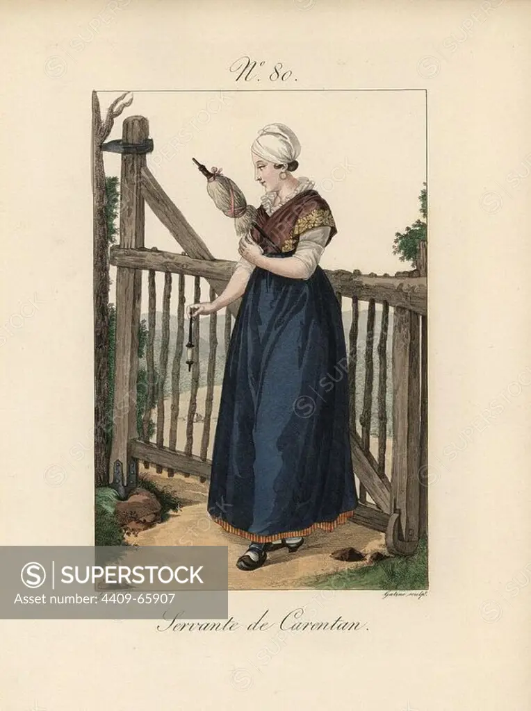 Servant at Carentan. The simple cotton bonnet looks good on the heads of the women of Normandy. She is spinning yarn while leaning against a wooden gate. Hand-colored fashion plate illustration by Lante engraved by Gatine from Louis-Marie Lante's "Costumes des femmes du Pays de Caux," 1827/1885. With their tall Alsation lace hats, the women of Caux and Normandy were famous for the elegance and style.