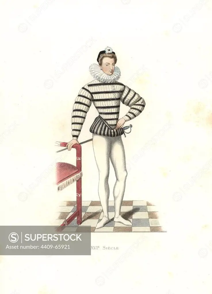 Portrait of Saint-Megrin, France, 16th century, from an illustration by Riffaut. Handcolored illustration by E. Lechevallier-Chevignard, lithographed by A. Didier, L. Flameng, F. Laguillermie, from Georges Duplessis's "Costumes historiques des XVIe, XVIIe et XVIIIe siecles" (Historical costumes of the 16th, 17th and 18th centuries), Paris 1867. The book was a continuation of the series on the costumes of the 12th to 15th centuries published by Camille Bonnard and Paul Mercuri from 1830. Georges Duplessis (1834-1899) was curator of the Prints department at the Bibliotheque nationale. Edmond Lechevallier-Chevignard (1825-1902) was an artist, book illustrator, and interior designer for many public buildings and churches. He was named professor at the National School of Decorative Arts in 1874.