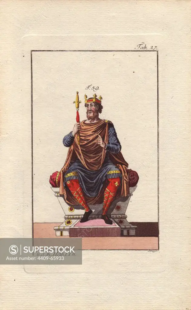 "This 9th century Anglo Saxon king is depicted in a tunic with embroidered edges and hems. His mantle is thrown over the shoulders and fastened with a clasp at the shoulder. It resembles the dress of Charlemagne and other kings of the Franks." . Handcolored copperplate engraving from Robert von Spalart's "Historical Picture of the Costumes of the Principal People of Antiquity and of the Middle Ages" (1796).