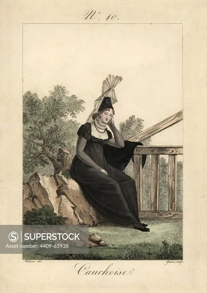Woman from Yvetot in mourning wear. The bonnet is not embroidered, and the veil has no lace. This costume is exactly that of Madame D., church treasurer at Yvetot, when her mother died. Hand-colored fashion plate illustration by Benoit Pecheux engraved by Gatine from Louis-Marie Lante's "Costumes des femmes du Pays de Caux," 1827/1885. With their tall Alsation lace hats, the women of Caux and Normandy were famous for the elegance and style.