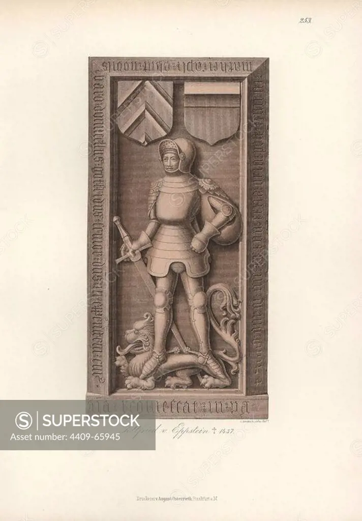 Knight in armour from the 15th century with heraldic shield and helmet. Gravestone of Gottfried von Eppstein, died 1437. Chromolithograph from Hefner-Alteneck's "Costumes, Artworks and Appliances from the early Middle Ages to the end of the 18th Century," Frankfurt, 1883. IIlustration drawn and lithographed by C. Regnier, and published by Heinrich Keller. Dr. Jakob Heinrich von Hefner-Alteneck (1811-1903) was a German archeologist, art historian and illustrator. He was director of the Bavarian National Museum from 1868 until 1886.
