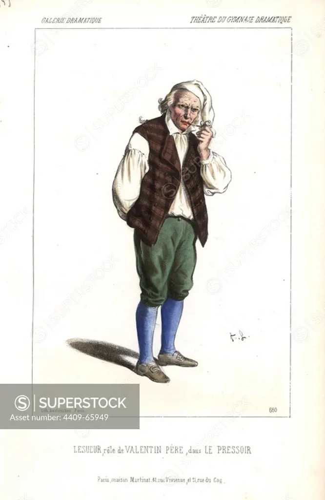 Lesueur as Valentin Pere in "Le Pressoir" at the Theatre du Gymnase Dramatique. Handcoloured lithograph by Alexandre Lacauchie from "Galerie Dramatique: Costumes des Theatres de Paris" 1853.