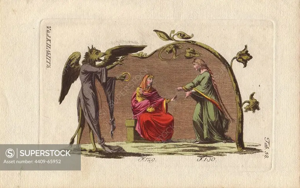 Caricature of demon wearing a Norman long-sleeved surtout tied at the sleeves and tails, seated Norman woman in veil holding a baby, and Norman woman with long plaited hair in a surtout.. Handcolored copperplate engraving from Robert von Spalart's "Historical Picture of the Costumes of the Principal People of Antiquity and of the Middle Ages" (1796).