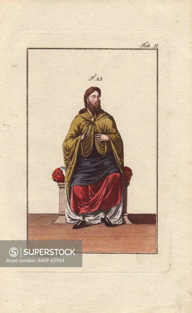 A very high-ranking Anglo Saxon nobleman in surtout and great mantle fastened at the throat.. Handcolored copperplate engraving from Robert von Spalart's "Historical Picture of the Costumes of the Principal People of Antiquity and of the Middle Ages" (1796).