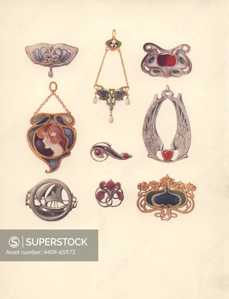 British art nouveau brooches and pendants in gold, silver and enamel by David Veazey, Dorothy Hart, B.J. Barrie, E. Larcombe, Annie McLeish, Minnie McLeish, N. Evers-Swindell and M. Alabaster.. Color plate from Charles Holme's "Modern Design in Jewellery and Fans," published by the Studio 1902.