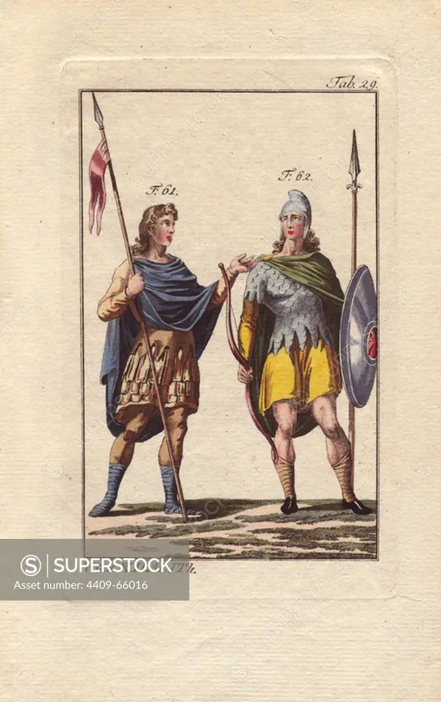 Two Anglo Saxon soldiers in suits of armor from the end of the 9th and beginning of the 10th centuries. A soldier with a long lance wearing a blue cape over a brown tunic that appears to have metal plates attached to the fabric in the skirt (61). Another soldier with lance, long-bow and shield wearing a tunic of metal plates that resemble fish-scales over a bright yellow skirt (62). Handcolored copperplate engraving from Robert von Spalart's "Historical Picture of the Costumes of the Principal People of Antiquity and of the Middle Ages" (1796).