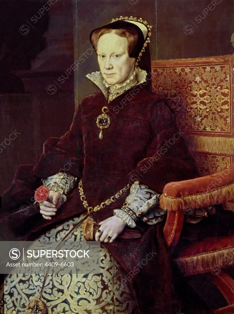 'Mary Tudor, Queen of England, second wife of Felipe II', 1554, Oil on panel, 109 cm x 84 cm, P02108. Author: ANTONIS MOR. Location: MUSEO DEL PRADO-PINTURA. MADRID. SPAIN. MARY I OF ENGLAND. FELIPE II FAMILIA. FELIPE II ESPOSA. ENRIQUE VIII HIJA. CATALINA DE ARAGON HIJA.