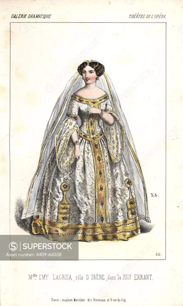 Mlle. Emy or Emma Lagrua in the role of Irene in Halevy's "le Juif Errant" at the Theatre de l'Opera. LaGrua (1831-1865) was part of the Dresden Court Opera before debuting in Paris as 1852.. Handcoloured lithograph by Alexandre Lacauchie from "Galerie Dramatique: Costumes des Theatres de Paris" ca. 1860.