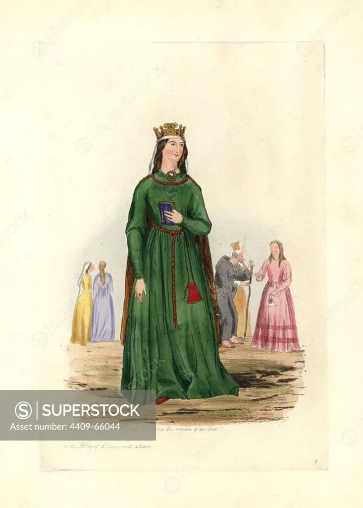 Berengaria, Queen of Richard I (d. 1230). She holds a prayer book and wears an alms purse (aumoniere) on her girdle. From the remains of her tomb in the Abbey of l'Epau (l'Espan) near Le Mans. Handcolored engraving from "Civil Costume of England from the Conquest to the Present Period" drawn by Charles Martin and etched by Leopold Martin, London, Henry Bohn, 1842. The costumes were drawn from tapestries, monumental effigies, illuminated manuscripts. Charles and Leopold Martin were the sons of the romantic artist and mezzotint engraver John Martin (1789-1854).