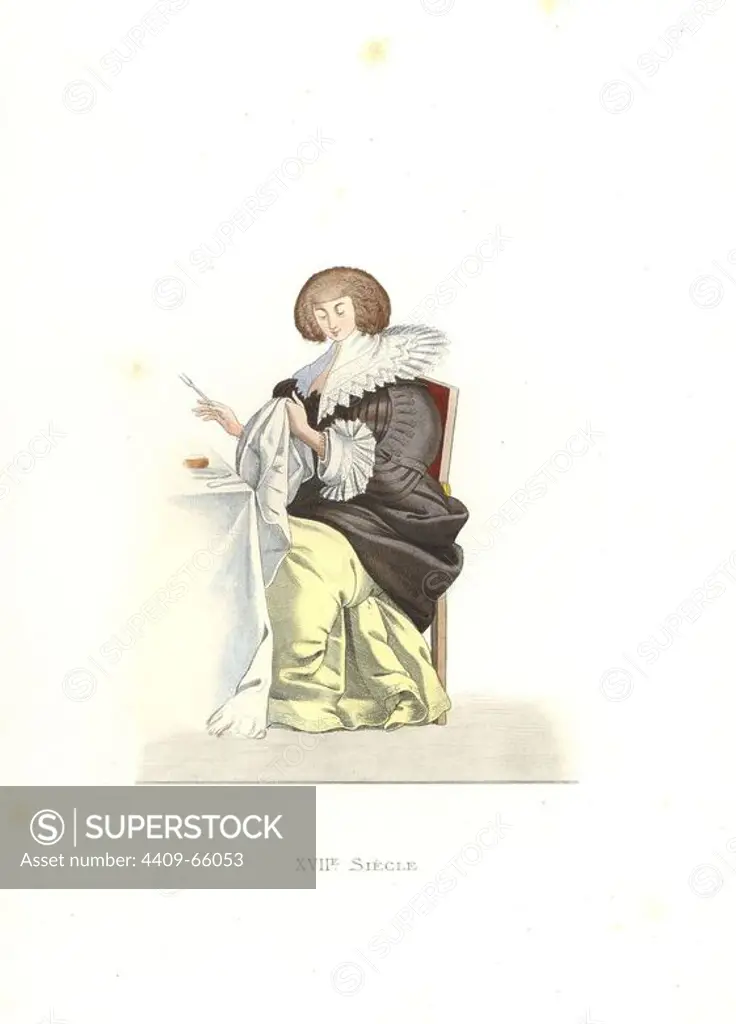 Woman of France, 16th century, from an engraving by Abraham Bosse (1602-1676). Handcolored illustration by E. Lechevallier-Chevignard, lithographed by A. Didier, L. Flameng, F. Laguillermie, from Georges Duplessis's "Costumes historiques des XVIe, XVIIe et XVIIIe siecles" (Historical costumes of the 16th, 17th and 18th centuries), Paris 1867. The book was a continuation of the series on the costumes of the 12th to 15th centuries published by Camille Bonnard and Paul Mercuri from 1830. Georges Duplessis (1834-1899) was curator of the Prints department at the Bibliotheque nationale. Edmond Lechevallier-Chevignard (1825-1902) was an artist, book illustrator, and interior designer for many public buildings and churches. He was named professor at the National School of Decorative Arts in 1874.