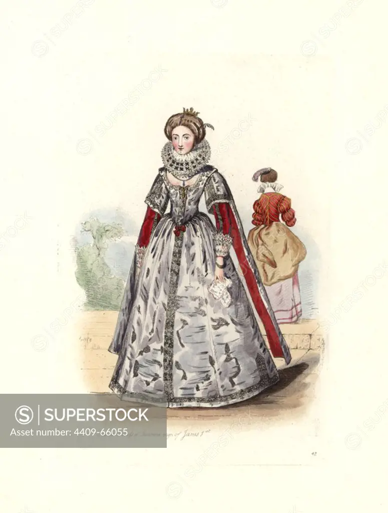 Frances Howard (1578-1639), Duchess of Richmond, reign of James I, from a scarce print of the time. She wears a high ruff, a full dress with tight bodice and long sleeves cut at the front. Handcolored engraving from "Civil Costume of England from the Conquest to the Present Period" drawn by Charles Martin and etched by Leopold Martin, London, Henry Bohn, 1842. The costumes were drawn from tapestries, monumental effigies, illuminated manuscripts and portraits. Charles and Leopold Martin were the sons of the romantic artist and mezzotint engraver John Martin (1789-1854).