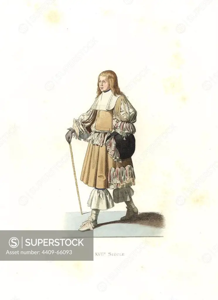 Young adolescent of Holland, 17th century, from a painting by Pierre van Slingelandt in the Louvre. Handcolored illustration by E. Lechevallier-Chevignard, lithographed by A. Didier, L. Flameng, F. Laguillermie, from Georges Duplessis's "Costumes historiques des XVIe, XVIIe et XVIIIe siecles" (Historical costumes of the 16th, 17th and 18th centuries), Paris 1867. The book was a continuation of the series on the costumes of the 12th to 15th centuries published by Camille Bonnard and Paul Mercuri from 1830. Georges Duplessis (1834-1899) was curator of the Prints department at the Bibliotheque nationale. Edmond Lechevallier-Chevignard (1825-1902) was an artist, book illustrator, and interior designer for many public buildings and churches. He was named professor at the National School of Decorative Arts in 1874.