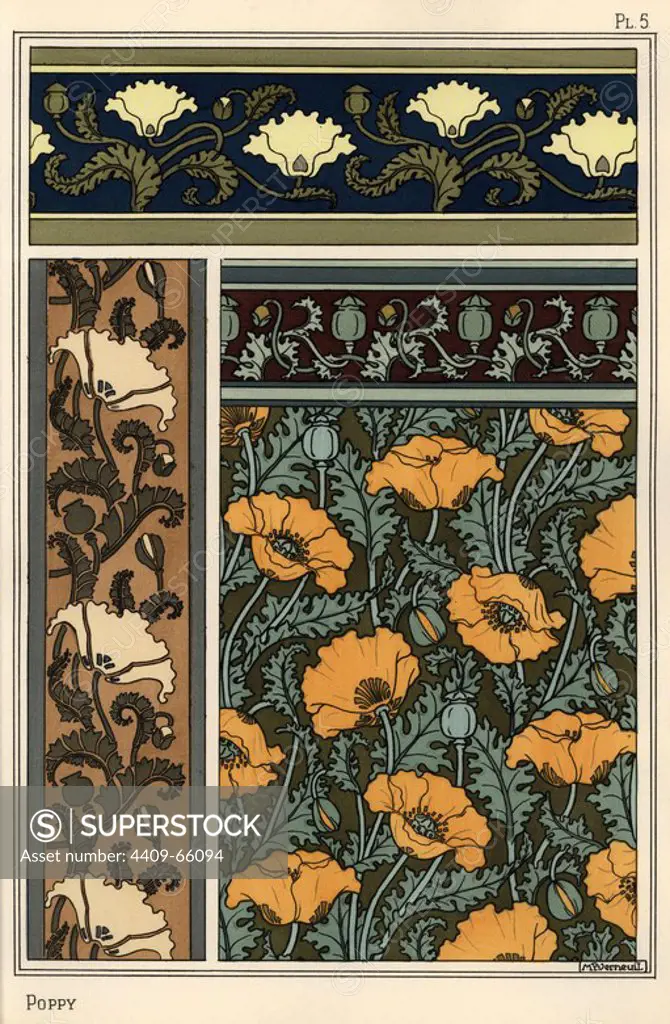 The poppy, Papaver somniferum, in wallpaper and fabric patterns. Lithograph by Verneuil with pochoir (stencil) handcoloring from Eugene Grasset's Plants and their Application to Ornament, Paris, 1897. Eugene Grasset (1841-1917) was a Swiss artist whose innovative designs inspired the art nouveau movement at the end of the 19th century.