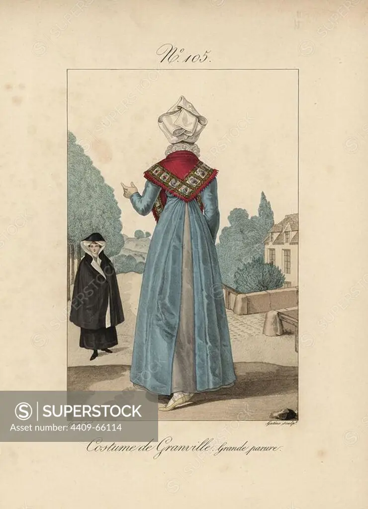 Costume of Granville. A woman in her finery. Rear view of the conine headdress showing the tasteful manner of folding the tails. A woman in capot is seen at left. Hand-colored fashion plate illustration by Lante engraved by Gatine from Louis-Marie Lante's "Costumes des femmes du Pays de Caux," 1827/1885. With their tall Alsation lace hats, the women of Caux and Normandy were famous for the elegance and style.