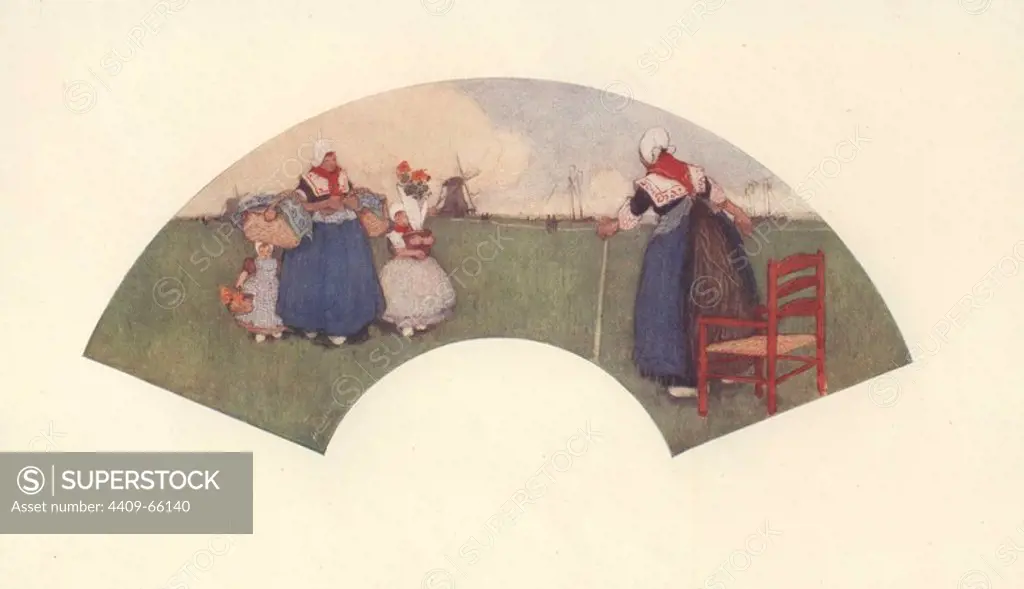 Fan painted on silk by Henri Cassiers (1858-1944). Dutch landscape with peasants in front of windmills.. Color plate from Charles Holme's "Modern Design in Jewellery and Fans," published by the Studio 1902.