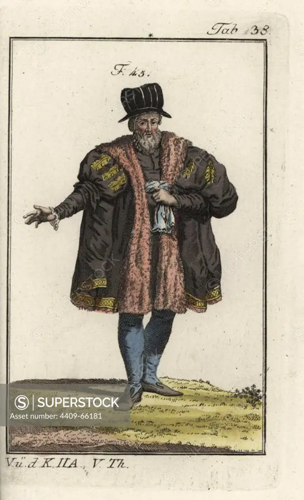 Councilor of Leipzig, 1577. Handcolored copperplate engraving from Robert von Spalart's "Historical Picture of the Costumes of the Principal People of Antiquity and of the Middle Ages," Vienna, 1811. Illustration based on Thomas Jefferys Collection of Dresses of Different Nations, Antient and Modern. After the Designs of Holbein, Van Dyke, Hollar, and others, London, 1757.