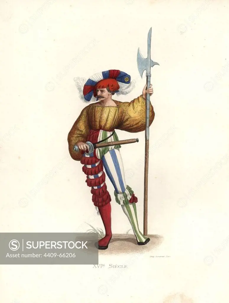 Halberdier, 16th century, in plumed hat, gold full-sleeved doublet, striped stockings, garters, carrying a sword and halberd.. Handcolored illustration by E. Lechevallier-Chevignard, lithographed by A. Didier, L. Flameng, F. Laguillermie, from Georges Duplessis's "Costumes historiques des XVIe, XVIIe et XVIIIe siecles" (Historical costumes of the 16th, 17th and 18th centuries), Paris 1867. The book was a continuation of the series on the costumes of the 12th to 15th centuries published by Camille Bonnard and Paul Mercuri from 1830. Georges Duplessis (1834-1899) was curator of the Prints department at the Bibliotheque nationale. Edmond Lechevallier-Chevignard (1825-1902) was an artist, book illustrator, and interior designer for many public buildings and churches. He was named professor at the National School of Decorative Arts in 1874.