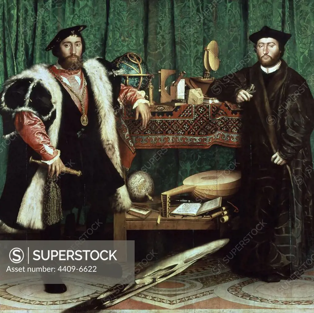 Germany school. The Ambassadors (with anamorphosis in the lower part of the painting). 1533. Oil on oak (209 x 207 cm). London, National Gallery. Author: HANS HOLBEIN EL JOVEN (1497-1543). Location: NATIONAL GALLERY. LONDON. ENGLAND. DINTEVILLE JEAN. SELVE GEORGES DE.